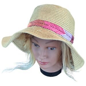 Jane & Berry Floppy Sun Hat Straw Color with Purple Lavender Pink Coral Stripe
